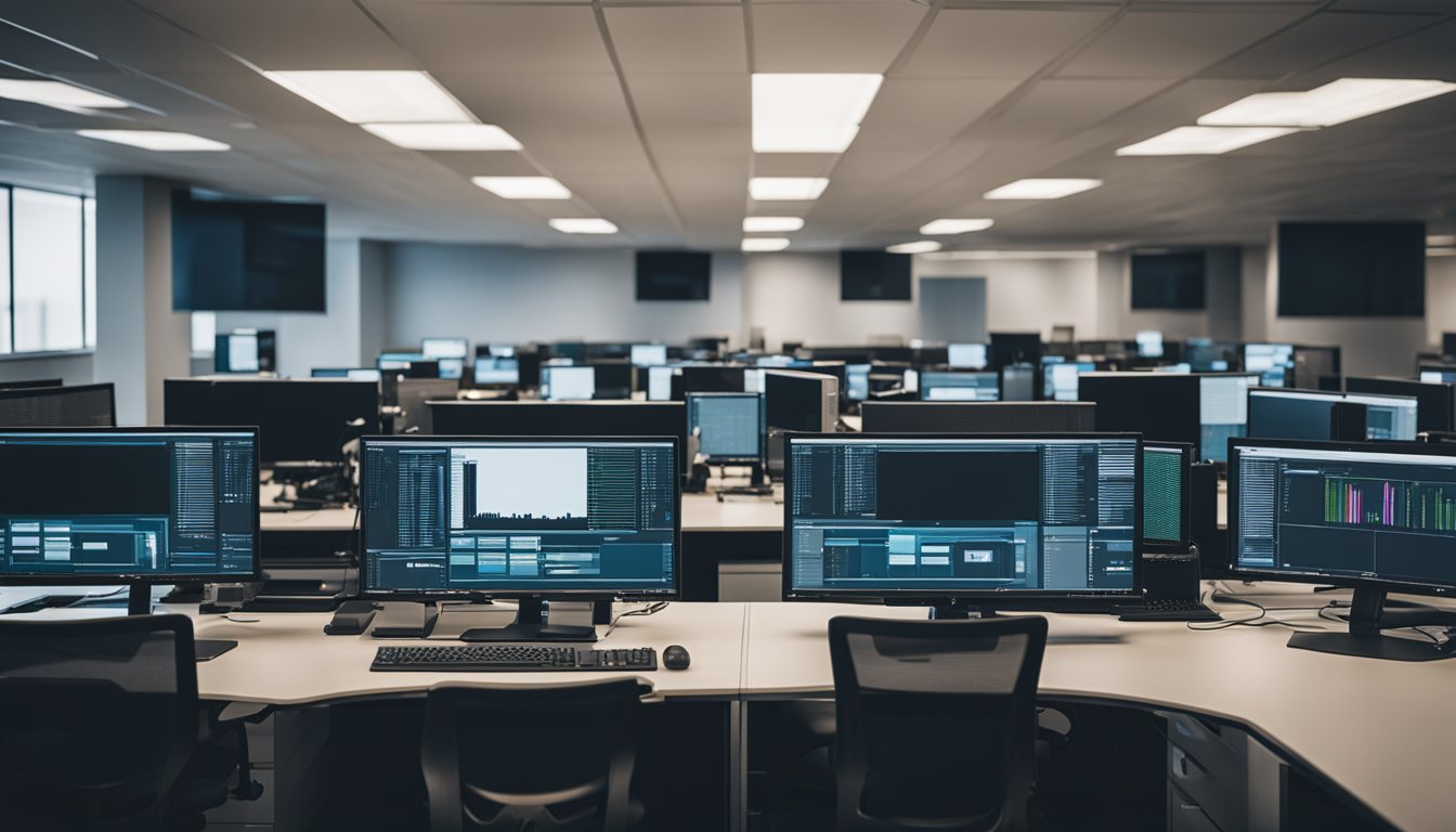 a room with computers and chairs